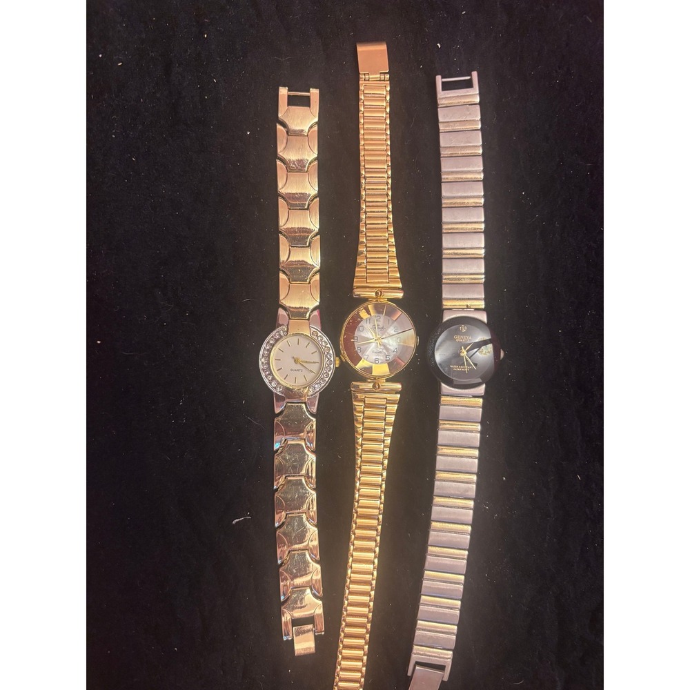 Lot of 3 Womens Quartz Watches Geneva Gold Tone Rhinestone Mother of Pearl Style